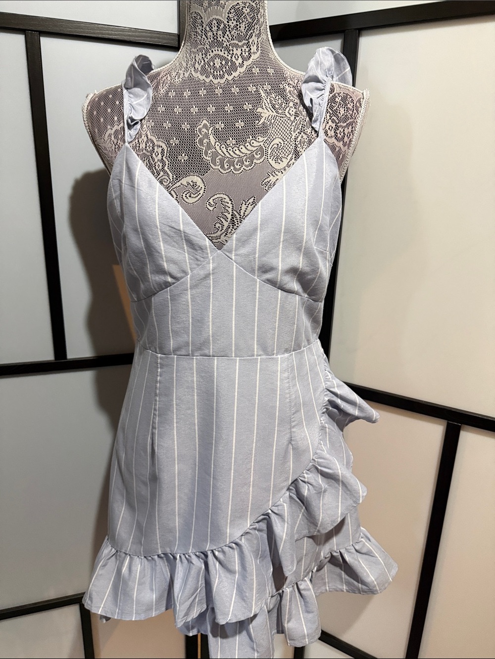 Showpo Light Blue and White Pinstripe Ruffle Mini Dress